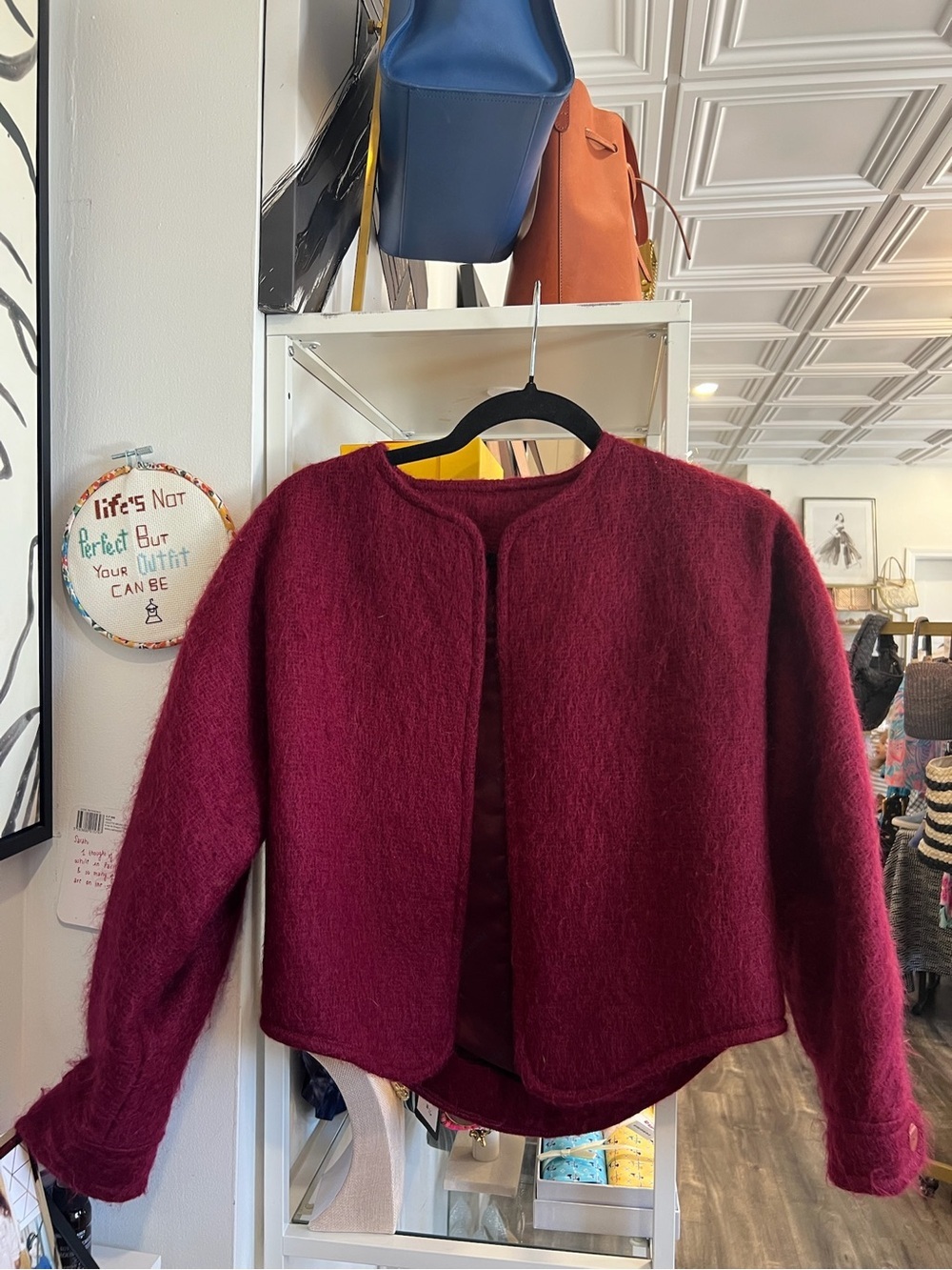 Pendleton Burgundy Wool Blend Open-Front Cropped Jacket